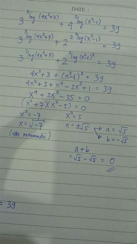 Maybe you would like to learn more about one of these? Jika a dan b adalah akar-akar persamaan 3^3^log(4x^2+3 ...