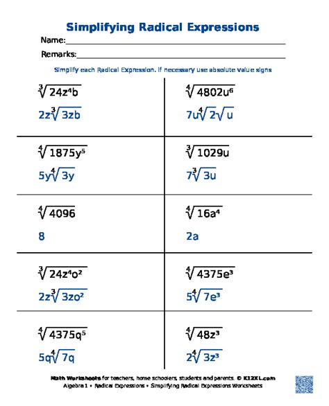Simplifying Radical Expressions Worksheet Answers