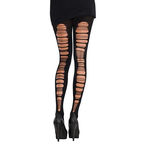 Adult Ladies Gothic Punk Black Ripped Tights Hosiery 90s Fancy Dress