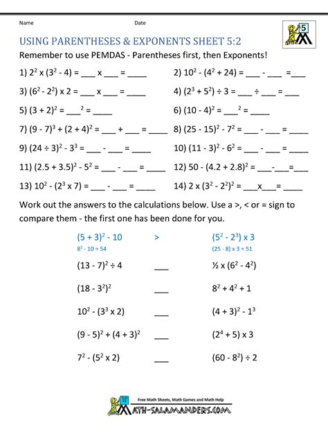 Worksheets, lesson plans, activities, etc. Math Worksheets 5th Grade Exponents and Parentheses