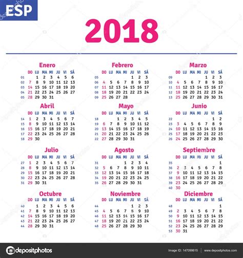 Español Calendario 2018 — Vector De Stock 147099615 — Depositphotos