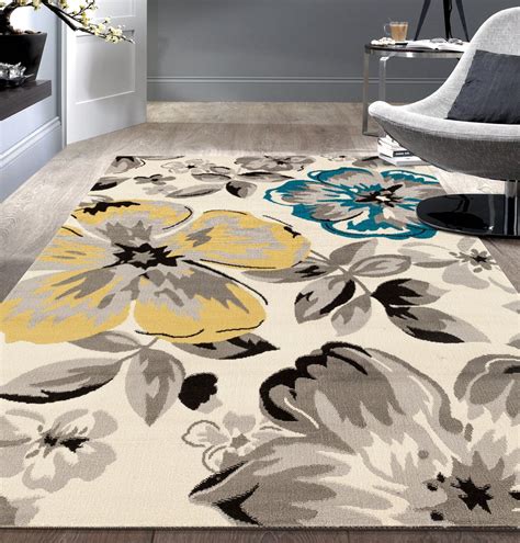 Floral Graygrey Yellow Blue Area Rug Modern Rugs And Decor