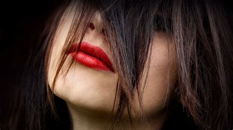 Face Women Model Portrait Brunette Red Closeup Red Lipstick Lips Hair Mouth Nose