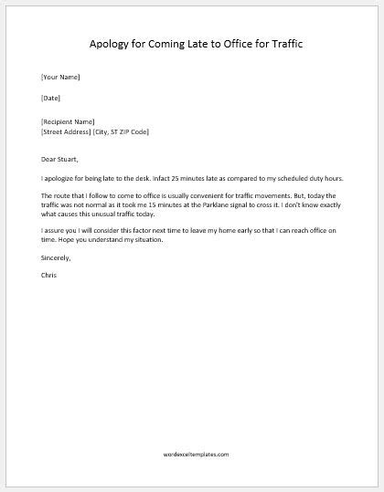 Apology Letter For Being Late Because Of Traffic Word And Excel Templates