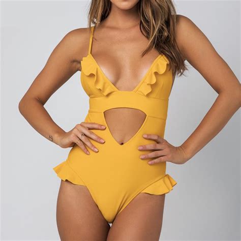 bather 2018 sexy yellow one piece swimsuit bathing suit cute swim wear low v neck scoop back