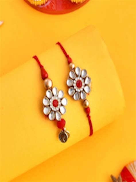 Buy Aapno Rajasthan Unisex Set Of 2 Kundan Studded Floral Thread Rakhis