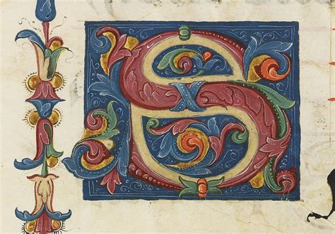 The history of the cyrillic alphabet practice. Manuscript initial, decorated S in colors and gold, 15th ...