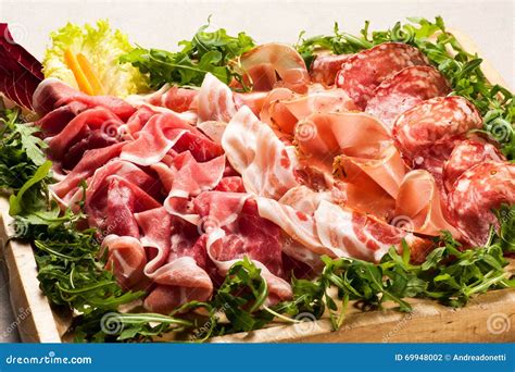 Salami Cold Cuts In Box Surrounded With Greens Stock Photo Image Of