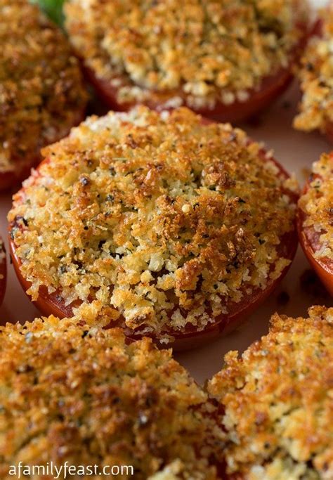 These baked parmesan tomatoes make a great side dish, appetizer, or game day treat. Baked Stuffed Parmesan Tomatoes - A Family Feast®