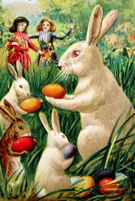 Easter Fantasy White Rabbits Colored Eggs Children Postcard Emb