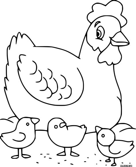 Easy Hen And Three Chicks Coloring Page Printable