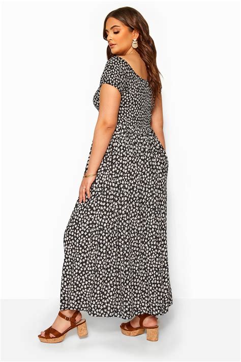 Black And White Floral Shirred Bardot Maxi Dress Yours Clothing