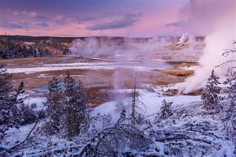 Colorful Norris Geyser Basin Area Trail During Colorful Sunset In Yellowstone National Park