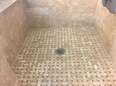 Shower Floor With Travertine Basket Weave Tile Shower Floor Tile Floor