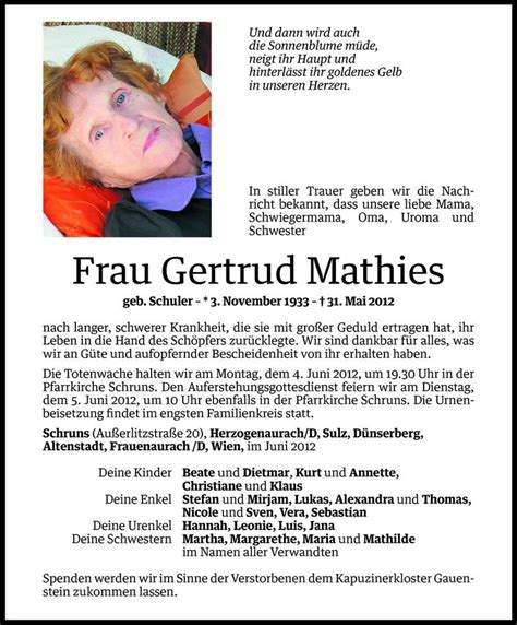 Todesanzeigen Von Gertrud Mathies Todesanzeigen Vorarlberger Nachrichten