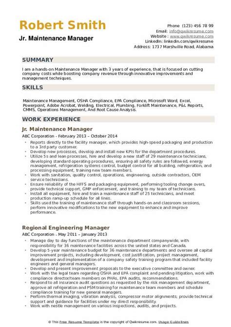 The next thing to focus on is the type of installation, repair, and maintenance services you are for example, if you are applying for a position at an electrical company that focuses on swimming pool. Maintenance Manager Resume Samples | QwikResume