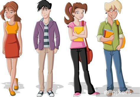 Gente na es profesor cara monedero animado persona de negocios adolescente. Fotomural Grupo de los cuatro jóvenes de dibujos animados ...