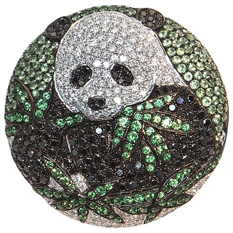 Delightful Tsavorite Garnet Diamond Gold Panda Brooch Pin Brooch