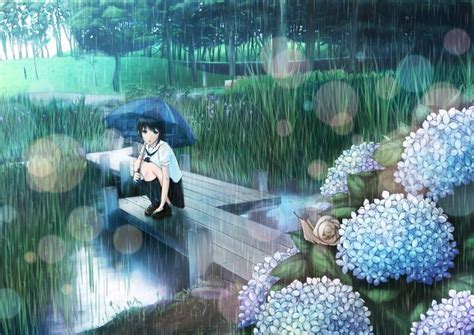 Anime Girl In Rain With Flowers Pretty Anime Style Pics