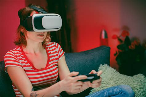 Woman Relaxing Playing Video Games Using Vr Headset Caucasian Female