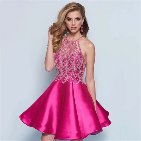 Sexy Hot Pink Short Homecoming Dresses Halter Ball Gown Backless Short Graduation Dress College
