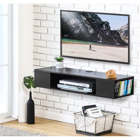 Fitueyes Black Wall Mounted Media Console Floating Tv Stand Component Shelf