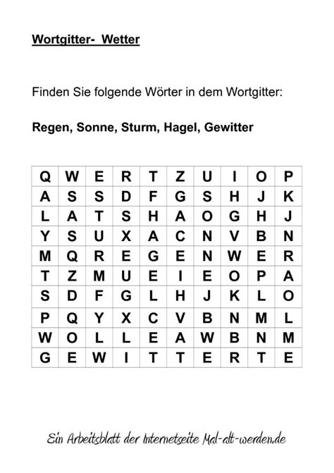 Die schüler suchen in einem buchstabengitter (suchsel) 15 bildlich dargestellte begriffe. Wetter, Arbeitsblatt, Übungsblatt, Wortgitter