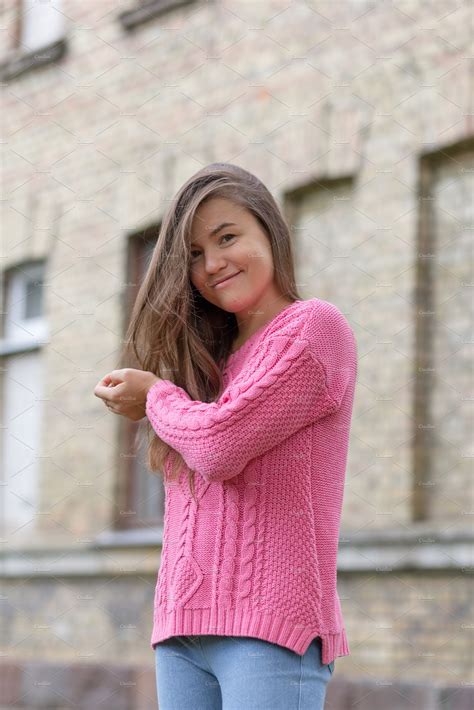 Cute Girl In Pink Sweater People Images ~ Creative Market