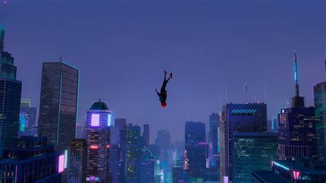 Download Spider Verse Spider Man Cityscape Reflection Wallpaper