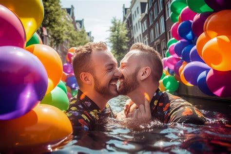 premium ai image happy couple in a canal at lgbtq pride parade in amsterdam amsterdam pride month