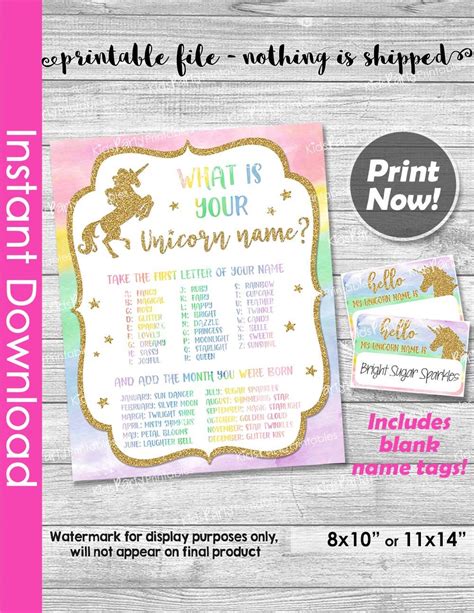 Unicorn Party Games Sign Unicorn Name Instant Download Game Printables