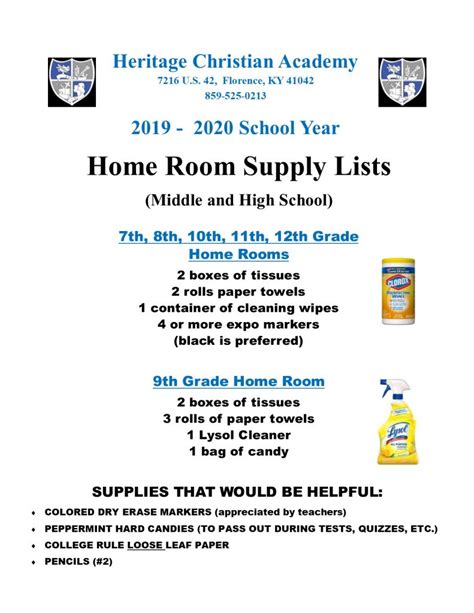 Heritage Academy Middle School High School And Homeroom Supply Lists