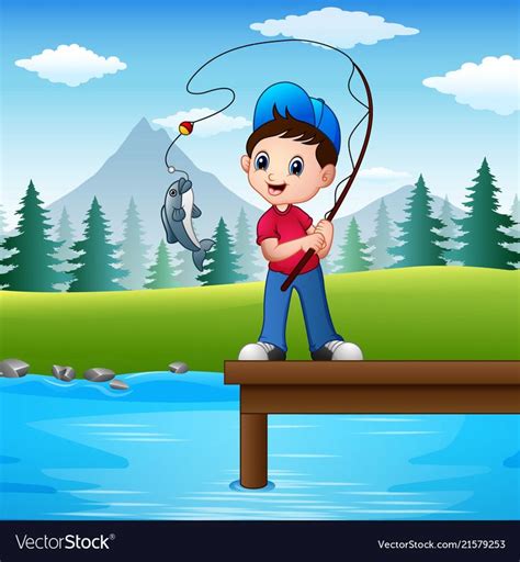 Little Boy Fishing In The R Royalty Free Vector Image Boy Fishing