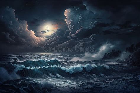 Storm Over The Ocean Big Waves Dramatic Night Sky And Clouds