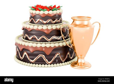 Chocolate Cake With Gold Trophy Cup Award 3d Rendering Isolated On