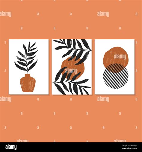 Botanical Wall Art Vector Set Tropical Foliage Line Art Drawing With Abstract Shape Stock