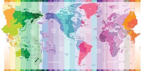Standard Time Zones Of The World Map With Continents Separately Stock