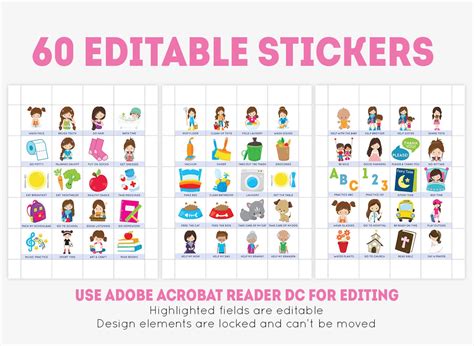 Printable Chore Chart For Girls 60 Editable Stickers Daily Etsy Canada