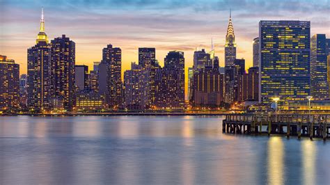 465185 New York City Lights Clouds Pier Usa Sunset Landscape