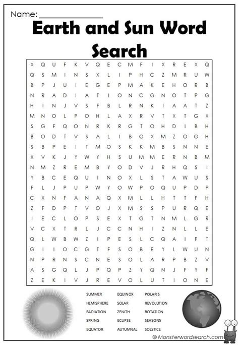 Earth And Sun Word Search Monster Word Search