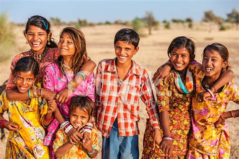 Group Of Happy Indian Children Desert Village India Stock Photo