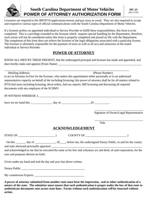 Download South Carolina Motor Vehicle Power Of Attorney Form For Free