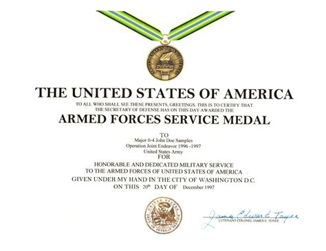 Armed Forces Service Medal Certificate Military Certificates Medals