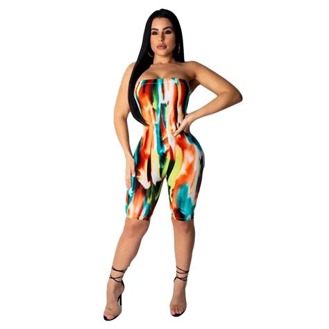 Off Shoulder Strapless Colorful Printed Jumpsuit Women Sexy Backless Club Party Playsuit Skinny