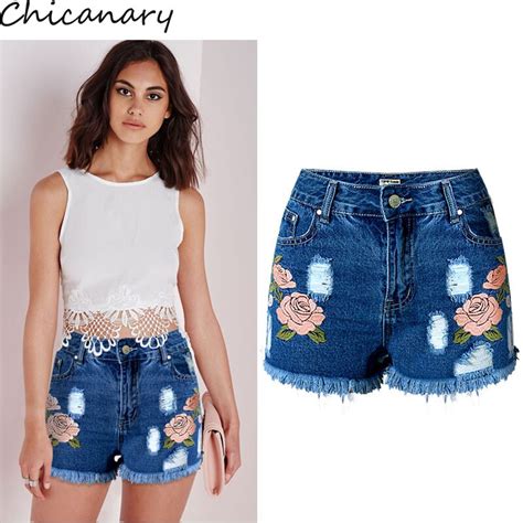 Chicanary New Fashion Women Tassel Floral Jeans Shorts Summer Flower