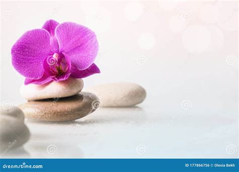 wellness ontspannen de massage en het welzijnsconcept spa stenen en orchidebloem boven witte