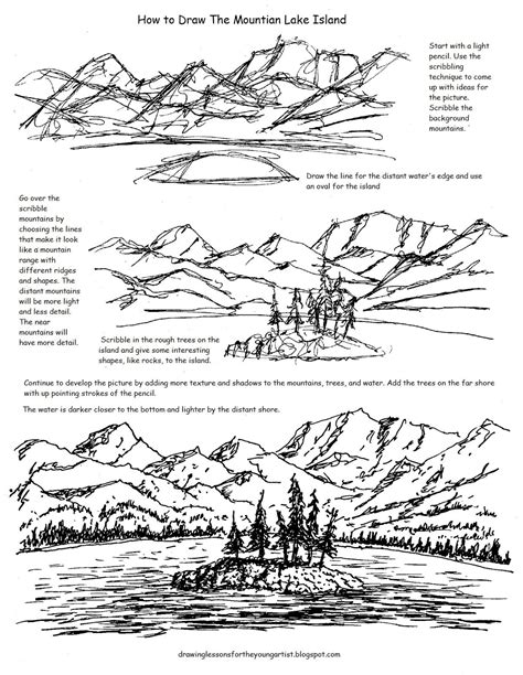 A Free Printable Worksheet For How To Draw A Mountain Lake Drawing