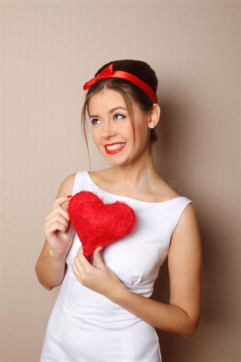 Beautiful Young Woman Holding A Red Heart Stock Image Image Of Elegance Lips 28610941