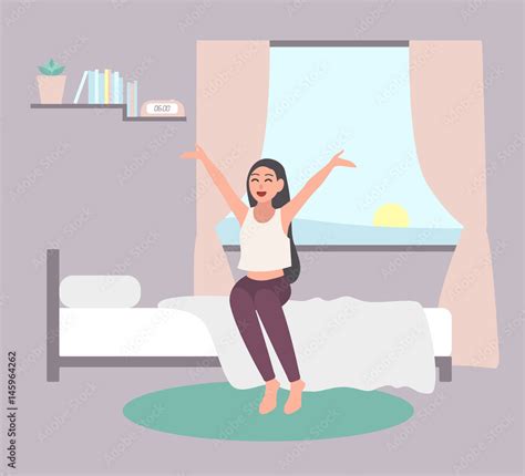 Wake Up Early Concept Happy Girl Get Out Of Bed In Morning Flat Illustration On White