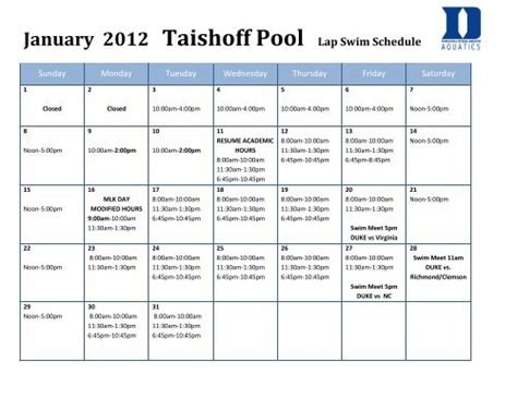 January 2012 Taishoff Pool Lap Swim Schedule